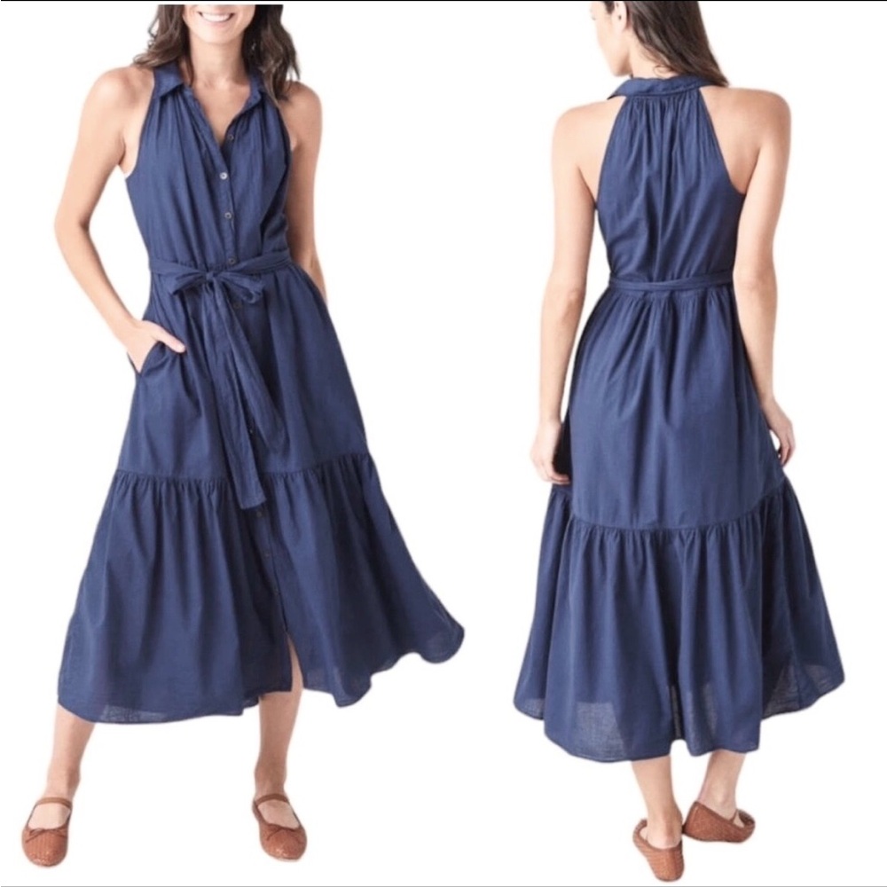 XIRENA Finley Tiered Midi Dress Navy Blue Sz L Cotton Halter Button Down Pockets
